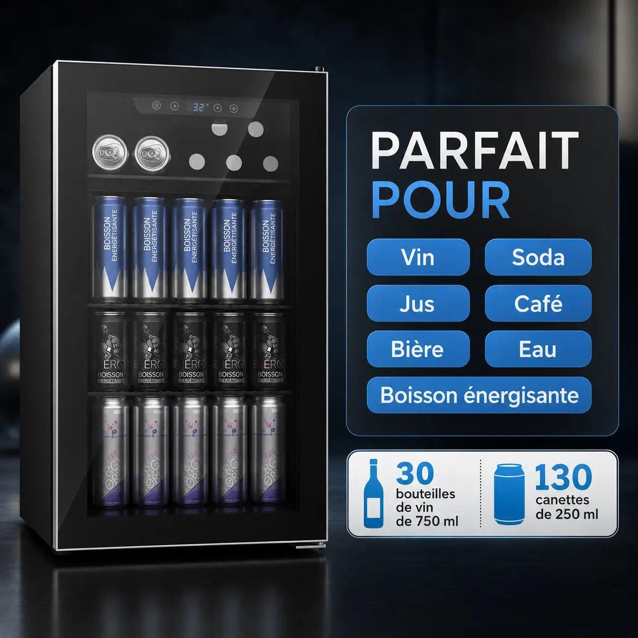 Mini frigo à boissons premium 91 L avec éclairage LED d'ambiance — image 3